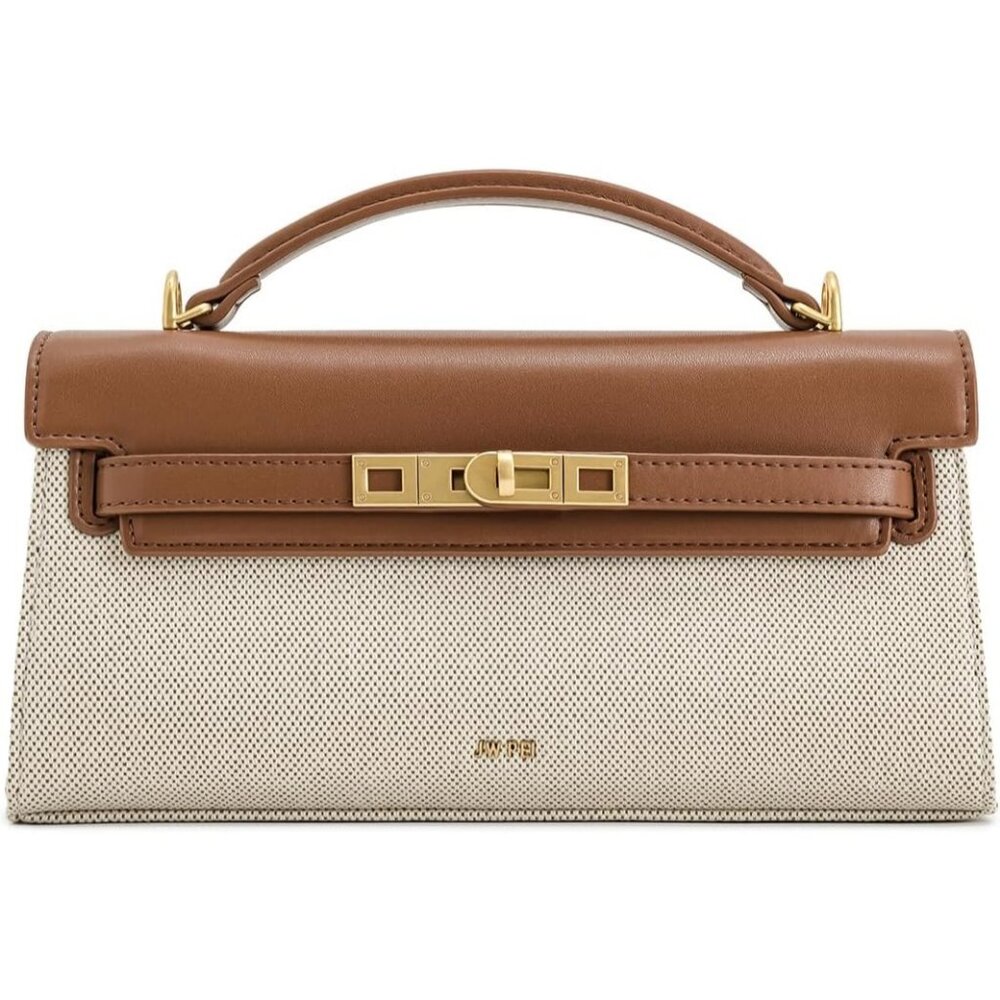 Women's Brown Canvas Leather Noor Top Handle Bag Twist Lock Crossbody Bag